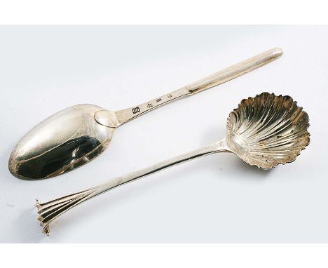A GEORGE II SCOTTISH MARROW SPOON by Charles Dickson, Edinburgh 1740 (Assay Master Douglas Ged) and a George III Irish sauce 