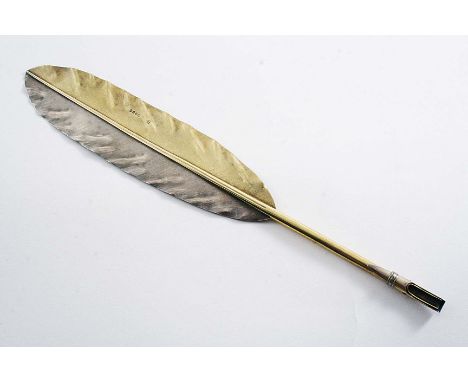 A VICTORIAN SCHOOL LITERARY PRIZE in the form of a parcelgilt, quill dip-pen with a clamp and locking ring to hold a nib, ins