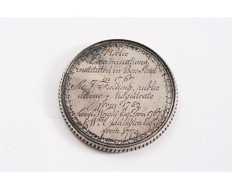 A GEORGE III COURT ROOM TICKET OR PASS circular with a bright-cut border, inscribed "Bow Street, Mrs Addington, 2 Gallery 177