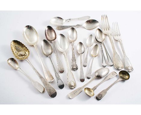 A MIXED LOT:- Two "hooked" jam spoons, five various George III tea spoons, two table spoons, three antique dessert spoons, a 