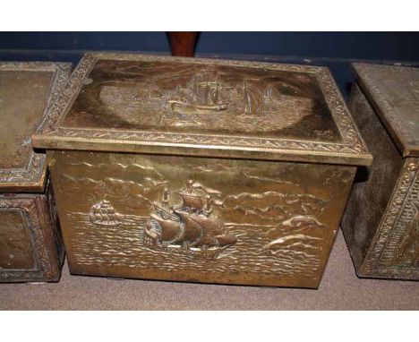 VICTORIAN BRASS COAL BOXand two others; together with a brass stick stand