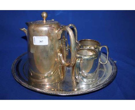 MAHOGANY PLATED TEA AND COFFEE SERVICE WITH TRAY