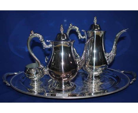 FOUR PIECE SILVER PLATED TEA SERVICE ON SERVING TRAY