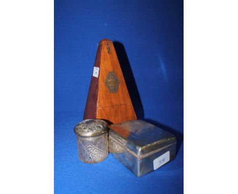 METRONOME, SILVER TOPPED TOILET BOTTLE AND SILVER CIGARETTE BOX