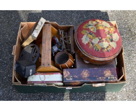 A mixed lot; to include; a pair of scales, footstool, trivet and sundry.Collection of this lot is strictly by appointment on 
