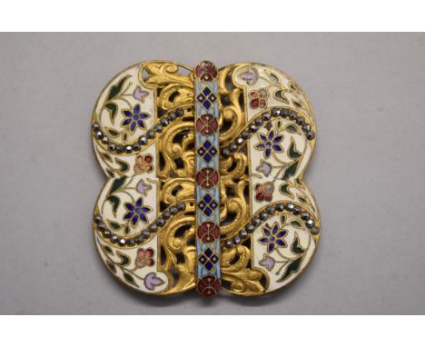 A champleve enamel, gilt metal and marcasite buckle, 5.8cm high. 