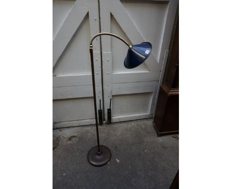 A vintage steel and brass articulated standard lamp, with blue enamel shade, approx 130cm high.&nbsp; 
