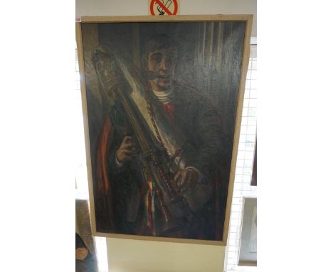 Barnett Freedman, a gentleman playing a zampogna, signed and dated 1931, oil on canvas, 112.5 x 74cm.(Artist's Resale Right m
