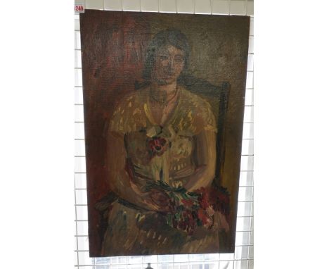 Barnett Freedman, portrait of the artist's wife, Claudia Guercio, seated with flowers, unsigned, oil on canvas laid on canvas