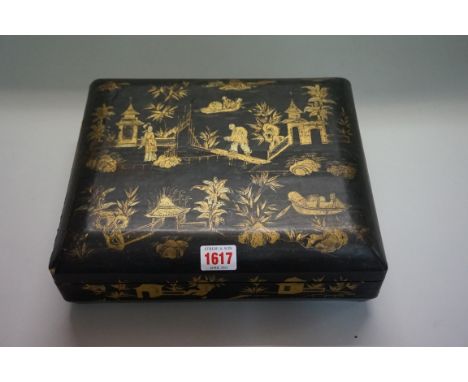 A Chinese black lacquered and gilt decorated box and cover,&nbsp;enclosing five further smaller boxes; together with eighteen