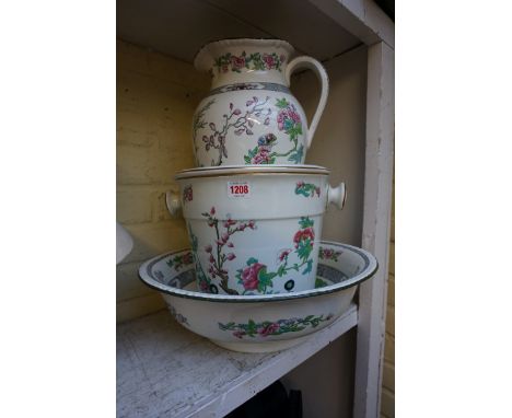 A Copeland 'Indian Tree' jug and basin,&nbsp;the basin 40.5cm diameter; together with another 'Indian Tree' pail and cover. 