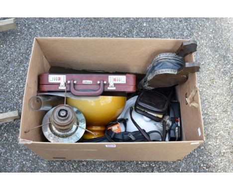 A mixed group of items, to include: a cased set of kitchen knives; an oil lamp; a pottery warming plate; a pair of bellows; a