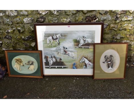 A limited edition print of Desert Orchid by Louise Wood; together with two other original paintings of whippets.Collection of