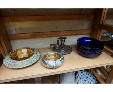 A set of six Bristol blue glass shallow bowls, (s.d.); together with a novelty slave bangle dish; and two others. (8) 