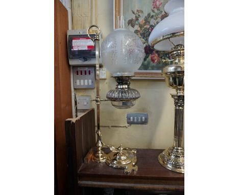 An antique brass adjustable oil lamp,&nbsp;the collar of the reservoir stamped 'Hinks &amp; Son's Patent', height to top of b