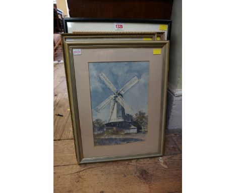 A Japanese woodblock print,&nbsp;33 x 22cm; together with three further watercolours. (4) 