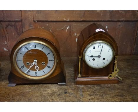 An early 20th century mahogany and chequer strung lancet form mantel clock, 22cm high; together with another 1920s dome top m
