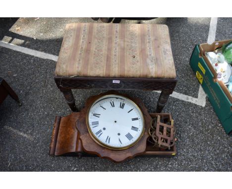 An antique carved dressing stool; together with an inlaid drop dial wall clock and an old suitcase.Collection of this lot is 