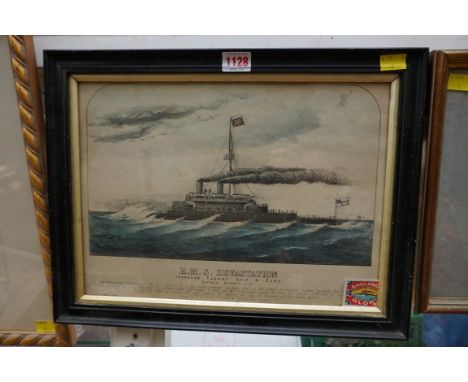 After J E Wood, 'HMS Devastation', colour lithograph, 25.5 x 35cm; together with another engraving of 'The Meteor Steamboat',