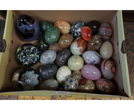 A collection of hardstone and papier mache eggs;&nbsp;together with three Caithness glass paperweights.&nbsp;&nbsp; 
