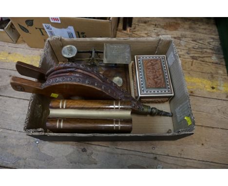 A mixed lot,&nbsp;comprising a&nbsp;set of postage scales; a pair of bellows; an Indian box and another box. 