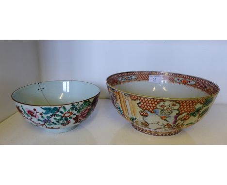 Chinese famille rose Canton enamel punch bowl together with another porcelain bowl (a/f) (2) 