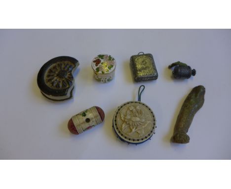 A mixed lot to include an ammonite dish, two carved bone pine cushions, cloisonne pot and cover, white metal cased type measu
