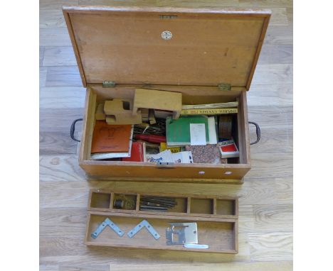A vintage pine toolbox with iron carry handles to side containing vintage card games and some tools etc (a lot)