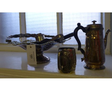 A quantity of 19th century Epns wares to include a coffee pot, toasting fork, swing handled basket, christening mug, flatware