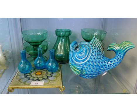 Mixed lot to include green and blue coloured glass, retro tile and a blue glazed fish (a lot) 