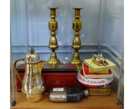 A mixed lot to include brass candlesticks, vintage tins, hip flask and an Epns hot water pot etc (a lot)