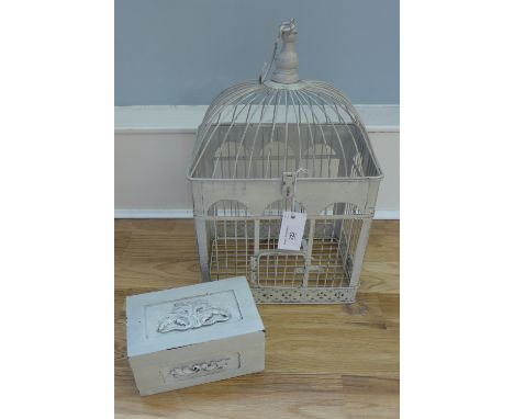 A contemporary grey painted vintage style bird cage together with a grey painted rectangular hinged lid box (2)