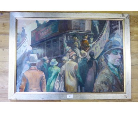 Philip Hutton Boarding the Train Oil on board Framed 70 x 50cm