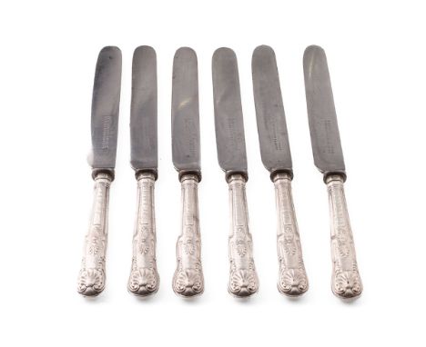 A set of 6 silver handled knives, 'Harrison Bros &amp; Howson', 23cm long, hallmarks rubbed (6).  