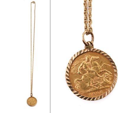 22ct gold half sovereign, 1906, in 9ct gold mount on 9ct gold chain with base metal clasp, 8.0 grams total weight.  