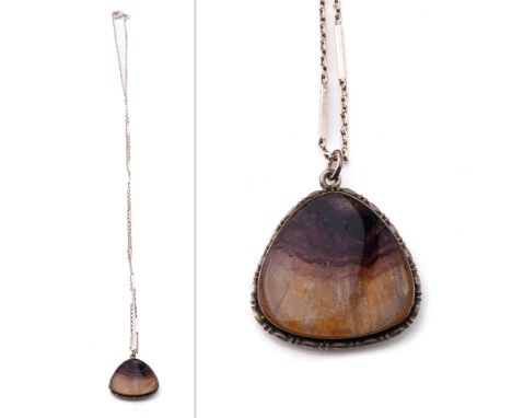 Blue John pendant in silver mount together with white metal chain, 2.5cm tall, chain 52cm long.  