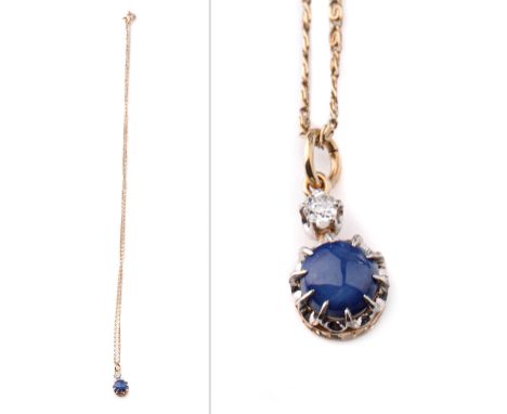 18ct gold chain and pendant set with a sapphire and a diamond, 2.9 grams, chain 42cm long.  