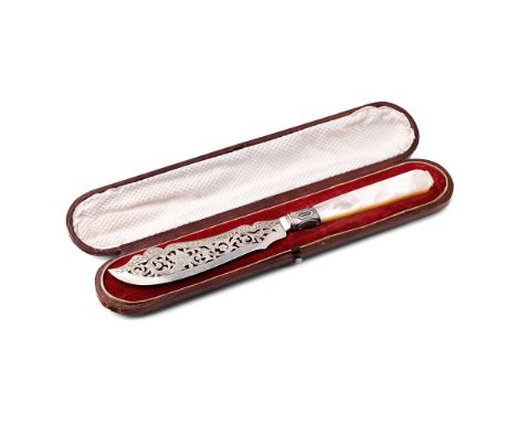 Victorian cased silver and Mother of Pearl ornate knife, Birmingham 1852, 23cm long.  