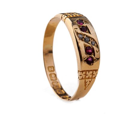 Victorian 18ct gold ruby and diamond ring, Birmingham 1899, 2.4 grams, size U/V.  Size looks to have been altered.