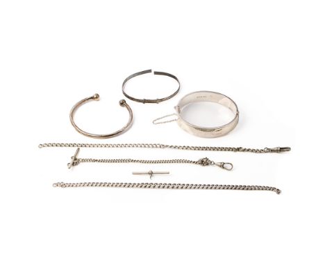 A collection of silver jewellery to include a silver hollow hinged bangle, a torque bangle, part silver Albert chain and othe