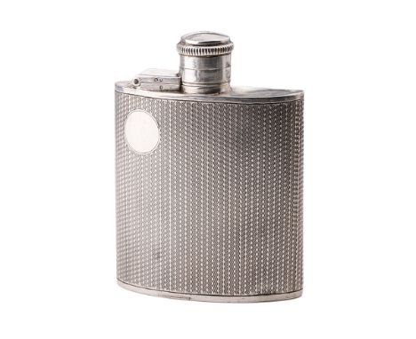 Hallmarked silver hip flask with engineered decoration and vacant cartouche, 78.7 grams, 'Cambridge Ora &amp; Oxford' marked 