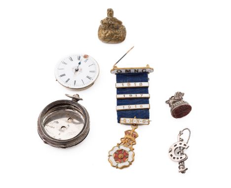 A collection of items to include a white metal chain fob / seal, a brass example, silver riding crop and horseshoe bar brooch