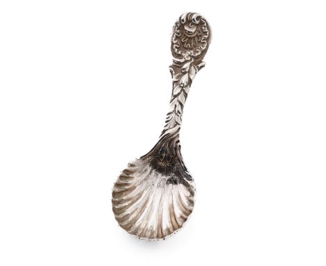 Hallmarked silver ornate caddy spoon with shell bowl, Thomas Bradbury, Sheffield 1952, 41.0 grams, 12cm lomg.  