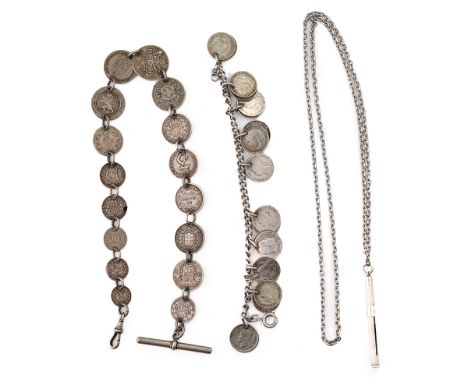 A trio of silver / white metal jewellery items to include a threepenny bit bracelet, a foreign coinage Albert watch chain and