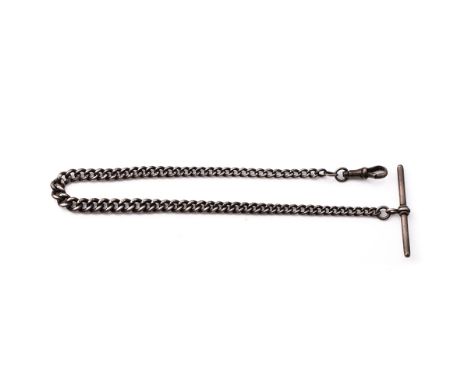 Hallmarked silver Albert chain with silver T-bar, 26.8 grams, 32cm long.  