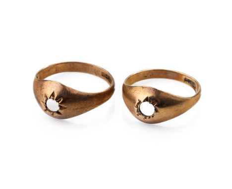 A pair of 9ct gold rings, 2.9 grams, both missing stones (2), size K.  