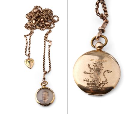 9ct gold longuard chain with lozenge-style beads with 9ct gold locket and gilt metal heart shaped pendant, 24.2 grams, 143cm 