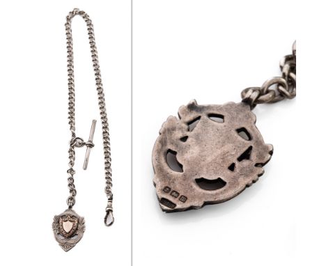 Hallmarked silver Albert pocket watch chain with hallmarked T-bar and fob, 34.0 grams, 37cm long.  