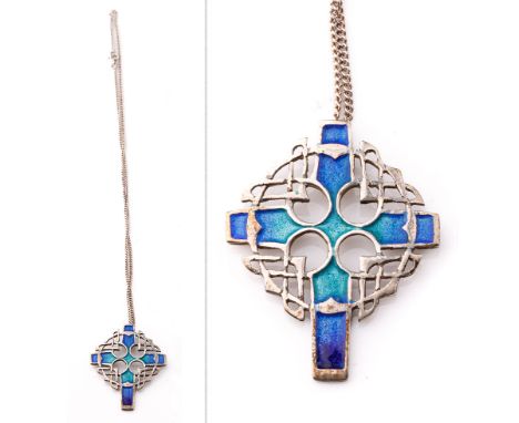 Silver chain set with silver and enamel cross pendant, pendant 45mm long.  