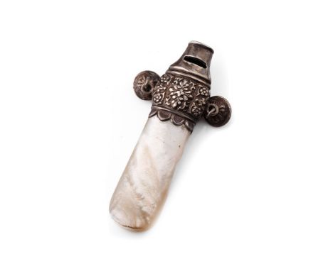Hallmarked silver baby rattle and whistle with Mother of Pearl handle.  